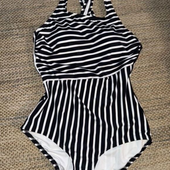 Lands' End Women's UPF 50 Full Coverage Striped High Neck Tugless One Piece Swim - Picture 2 of 3